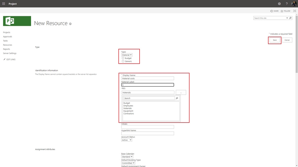 Creating enterprise cost resources using material type in MS Project Server page 1
