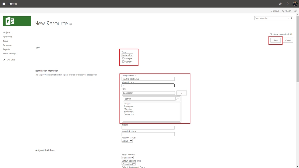 Creating enterprise сontractor resources using material type in MS Project Server