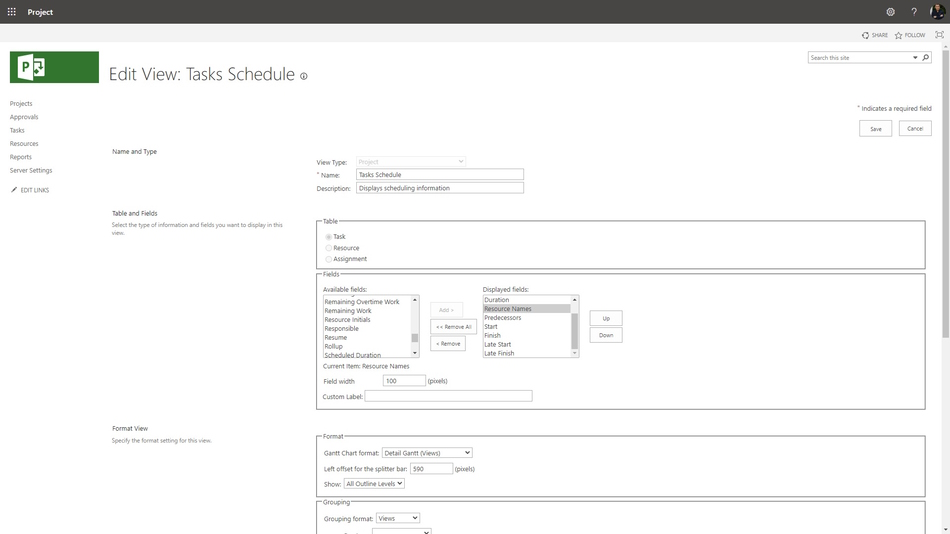 Setting the resource column in the view in MS Project Server