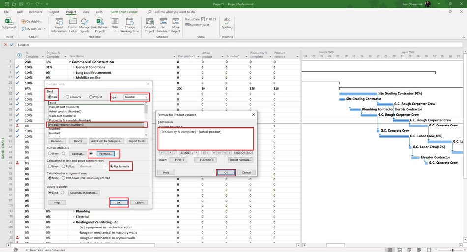 Creating the custom column "Product variance" in MS Project Pro