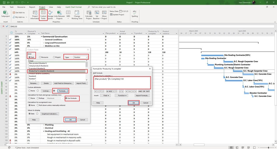 Creating the custom column "Product by % complete" in MS Project Pro