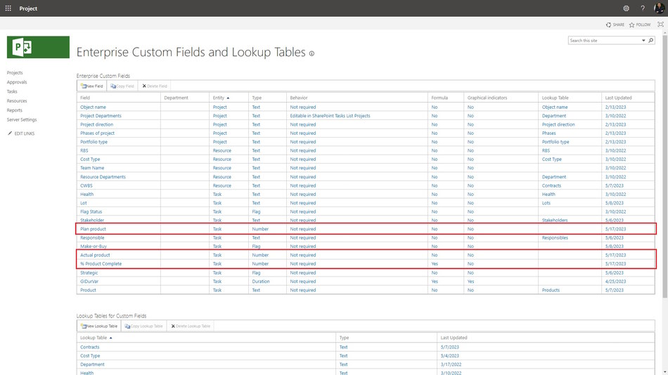Steps to create custom columns: "Plan product", "Actual product" and "% Product Complete" in MS Project Server