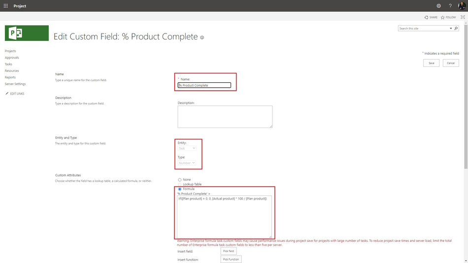 Steps to create custom columns: "Plan product", "Actual product" and "% Product Complete" in MS Project Server 1 page