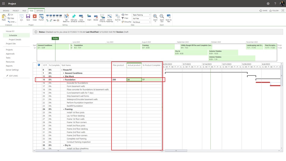 Using custom columns "Plan product", "Actual product" and "% Product Complete" in MS Project Server