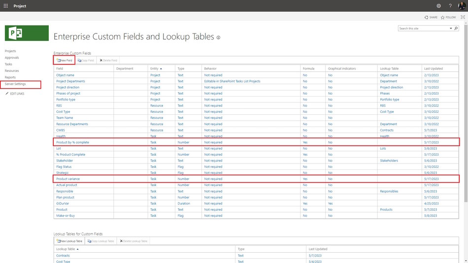 Creating the custom columns "Product by % complete" and "Product variance" in MS Project Server