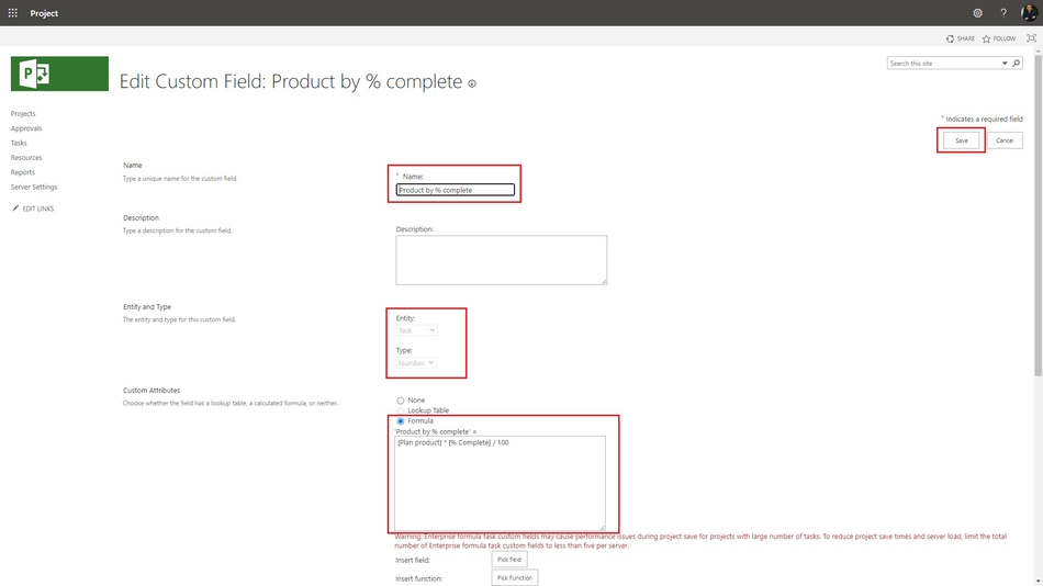 Steps to create custom columns: "Product by % complete" and "Product variance" in MS Project Server