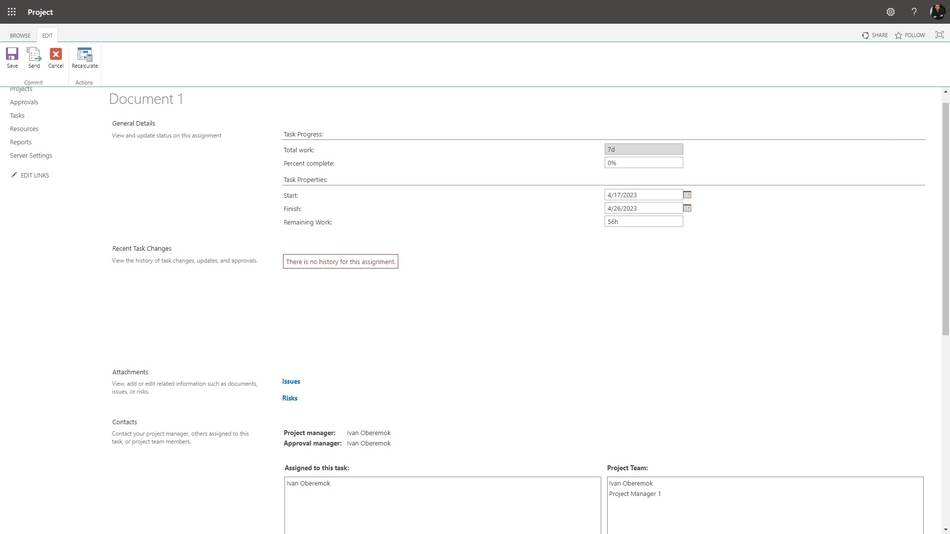 Showing the task data in MS Project Server