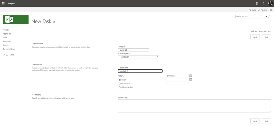 Adding a new user task in MS Project Server