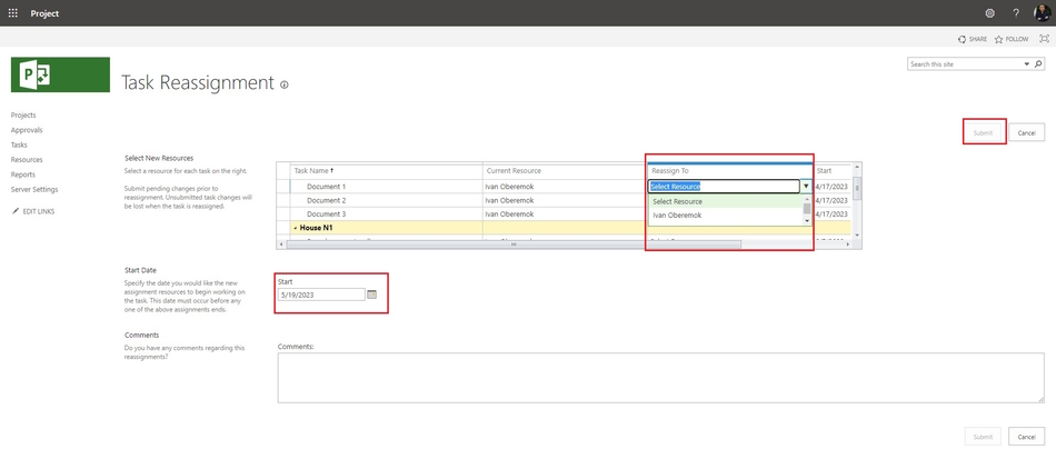 Reassigning a user task in MS Project Server