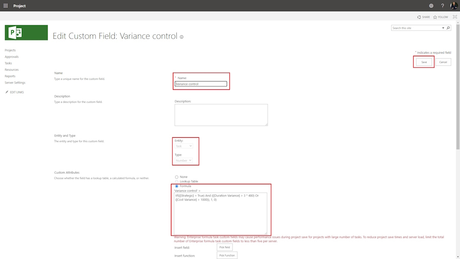 Creating the costum column "Variance control" in MS Project Server