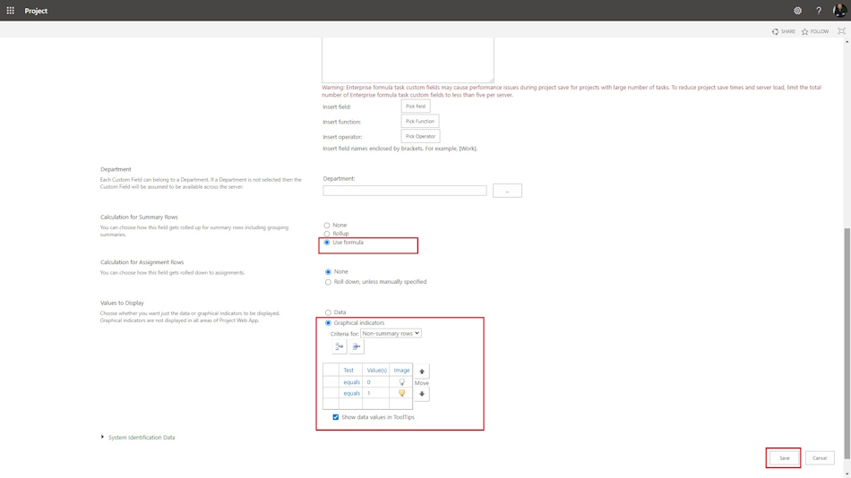 Adding graphical indicators the costum column "Variance control" in MS Project Server