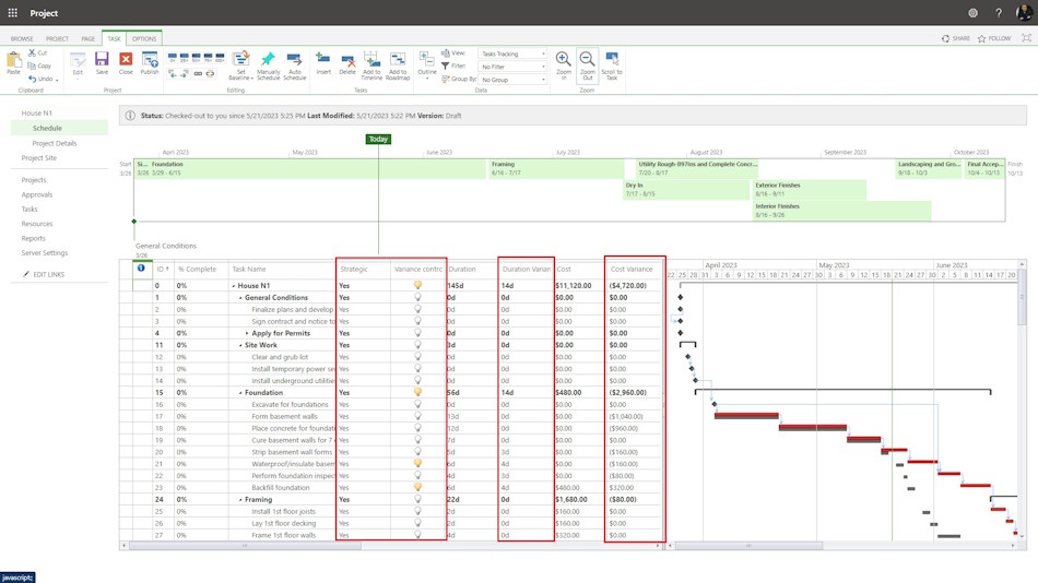Variance control in MS Project Pro