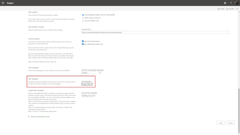 Seting a project site template in MS Project Server