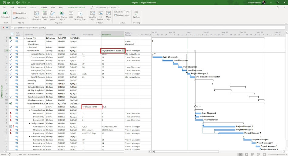 Setting links between program tasks in MS Project Desktop