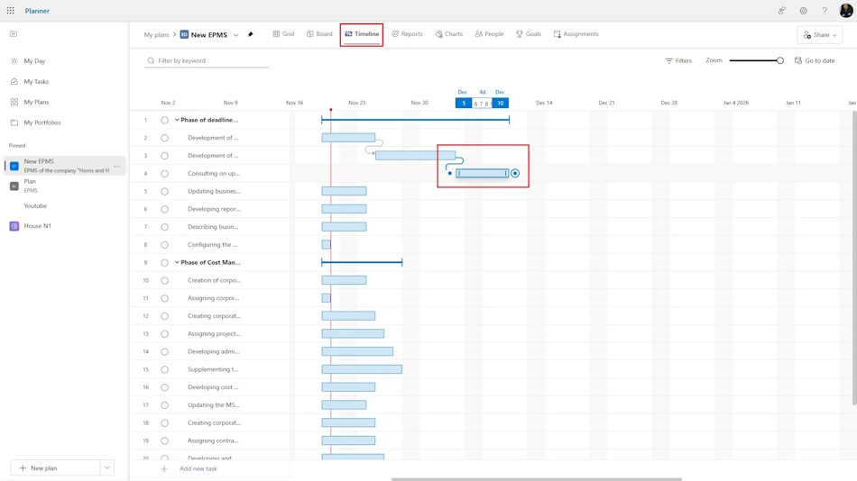 Establishing connections in the “Timeline” view in MS Planner
