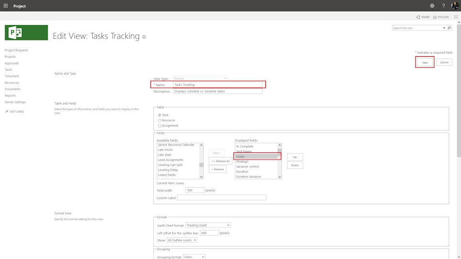 Adding an enterprise custom project issues column to a view in MS Project Server