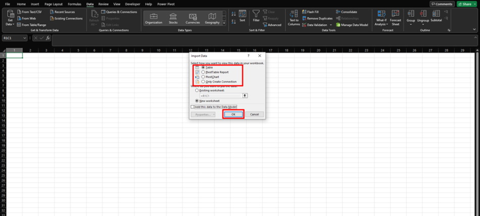 Setting up a Microsoft Excel connection to Microsoft Project Server data stap 5