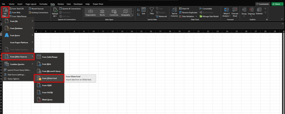 Setting up a Microsoft Excel connection to Microsoft Project Server data stap 1