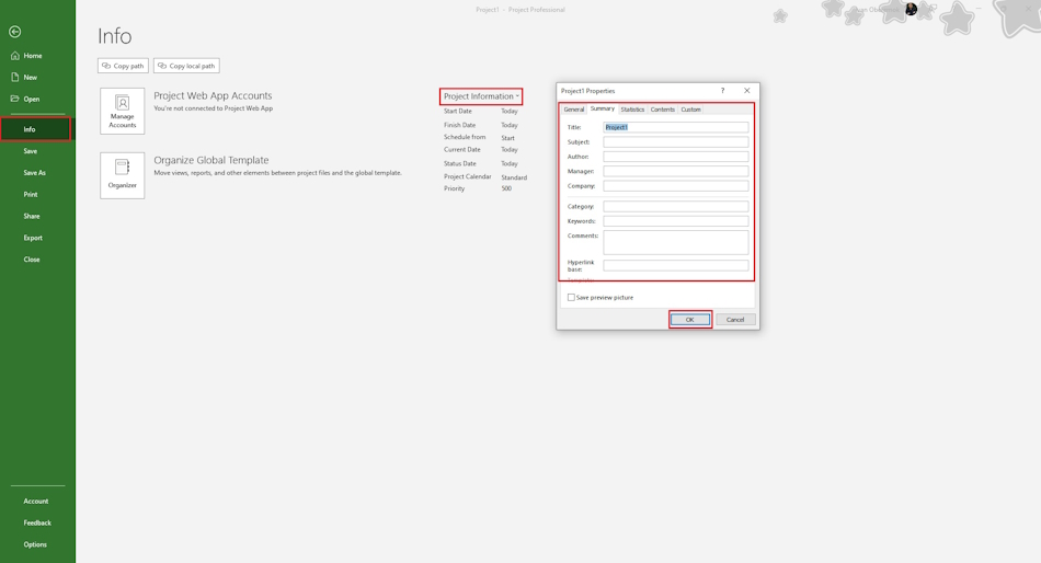 Adding advanced properties in a plan in MS Project