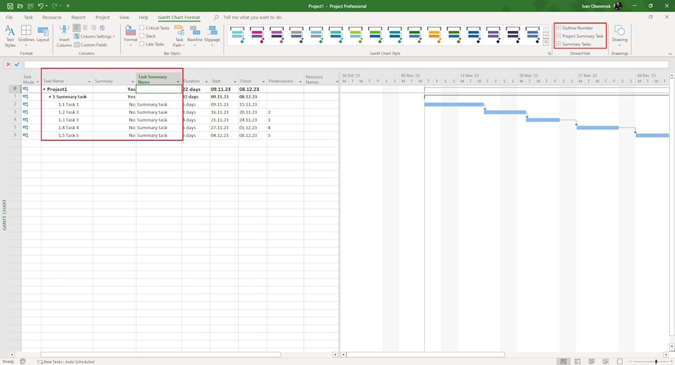 Adding summary tasks to the plan in MS Project Pro