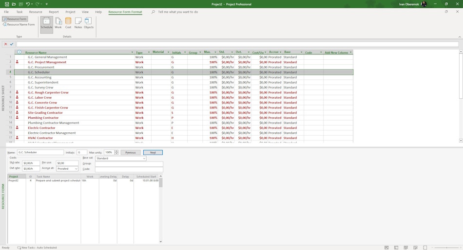 Describing the resource in MS Project