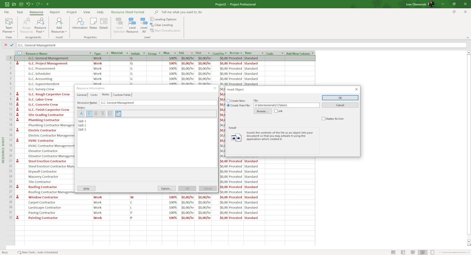 Adding notes to resources in MS Project Pro