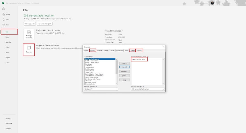 Set up the Current Tasks report in MS Project Pro