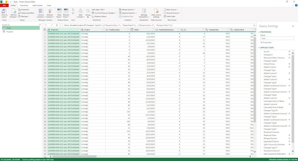 Setting up the "Current projects tasks" report in MS Excel