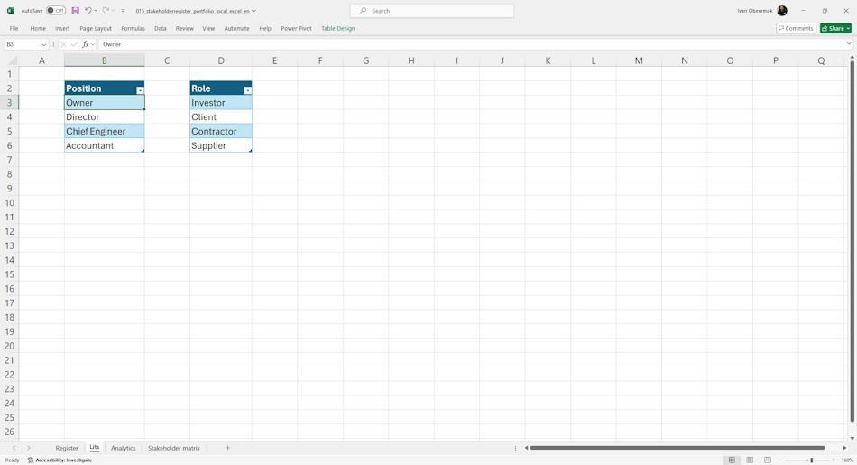 Setting up the "Portfolio stakeholder register" document in MS Excel