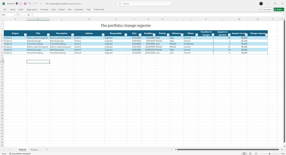Portfolio change request registry in MS Excel