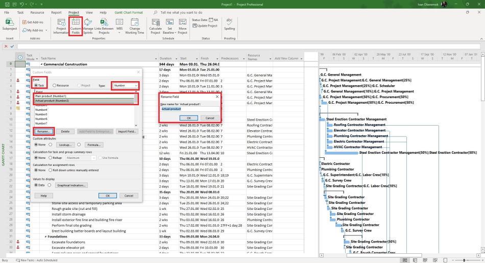 Creating custom fields for product quantification in MS Project Pro