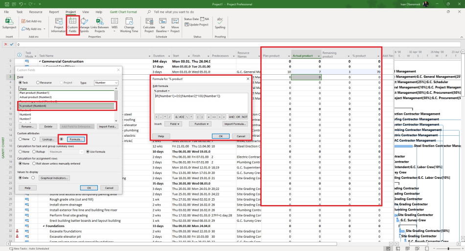Creating custom fields for сalculation "Physical % complete" in MS Project Pro