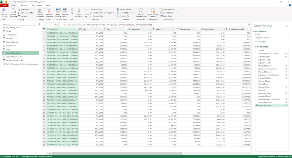 Setting up the "Project task cost analysis on server" dashboard in MS Excel