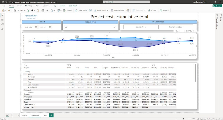 Analysis of portfolio cumulative cost on the server in MS Power BI