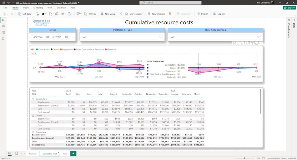 Graph of analysis of total resource costs of the server project portfolio in MS Power BI