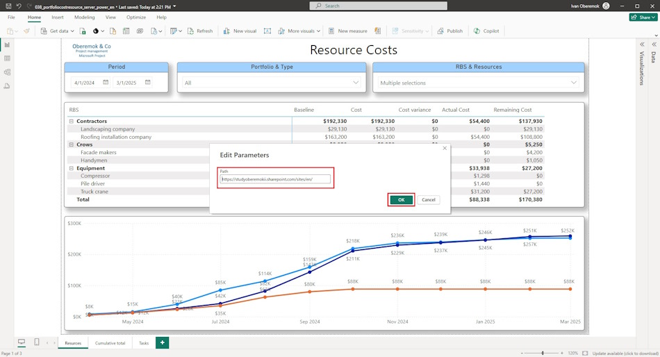 Customizing the dashboard “Resource cost analysis of server project portfolio” in MS Power BI