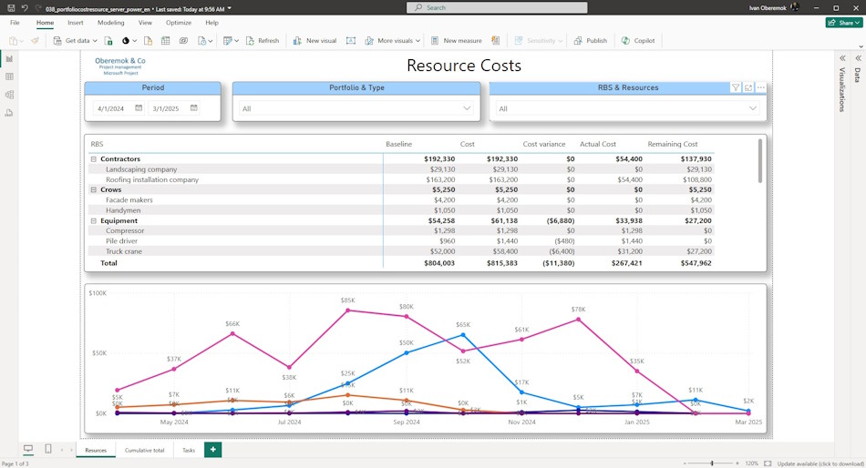 Analyzing total resource costs of the server project portfolio in MS Power BI