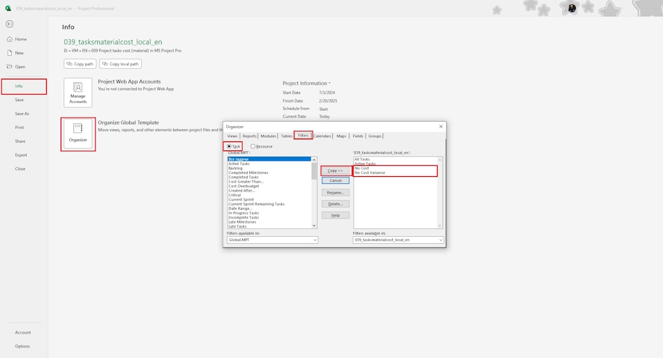 Customize “Project Costs” report based on material resources in MS Project Pro