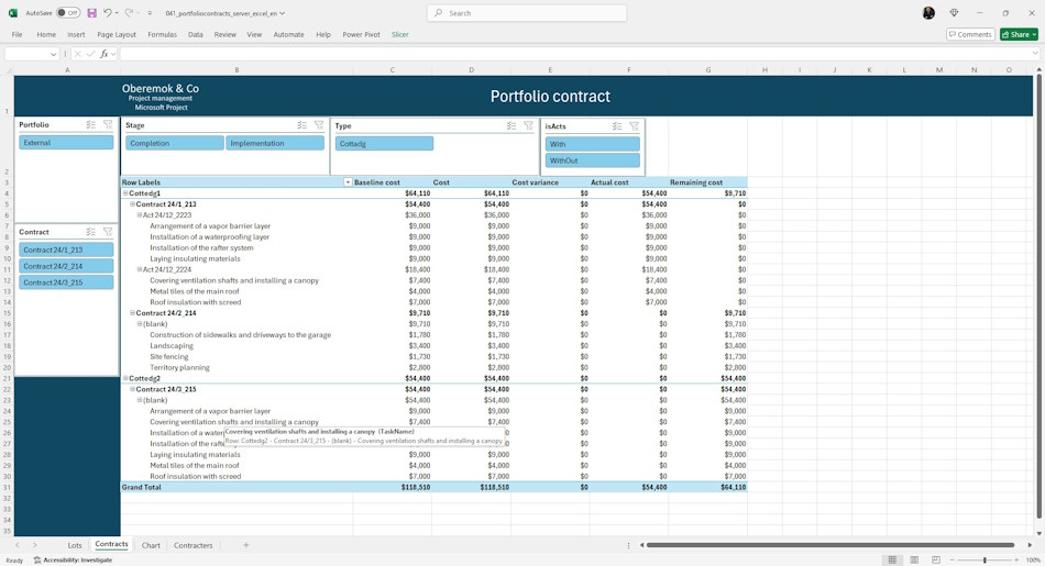 Project portfolio contracts in MS Excel dashboard
