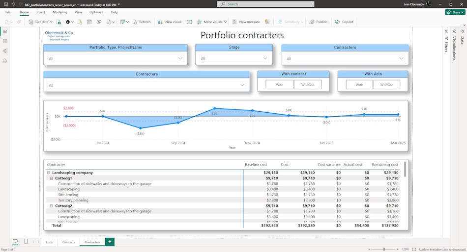 Project portfolio contractors in MS Power BI dashboard