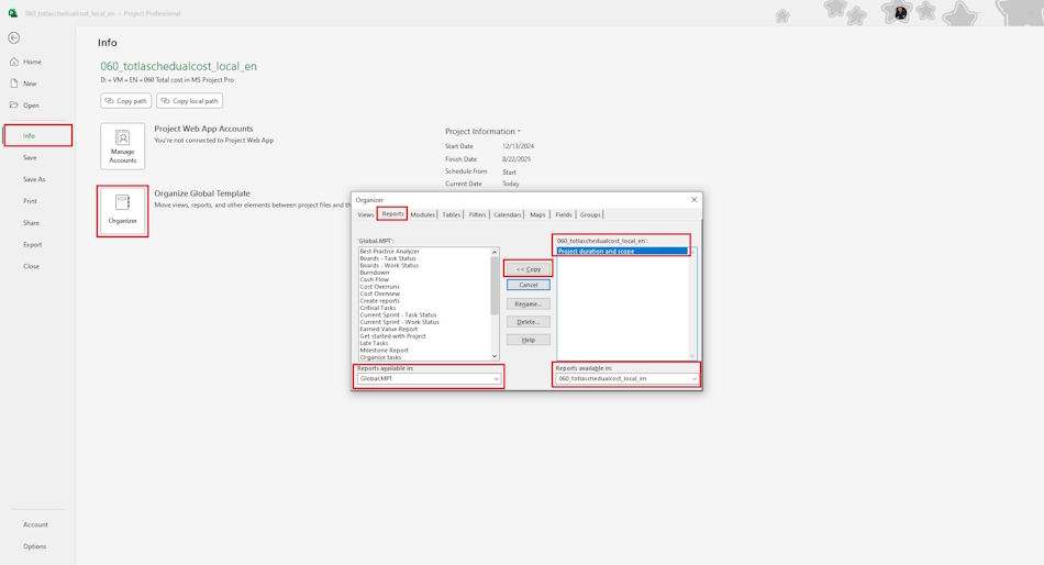 Customize the project duration and scope report in MS Project Pro