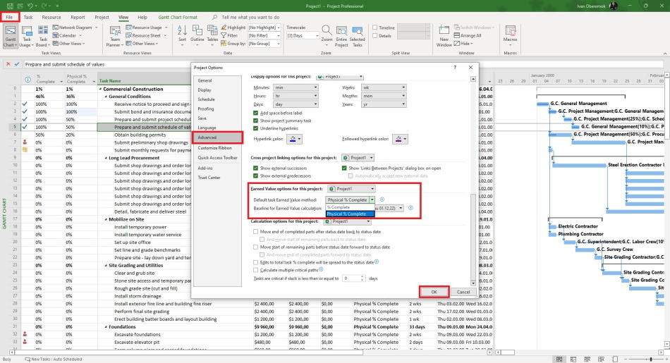 Customize the use of the "Physical % complete" column