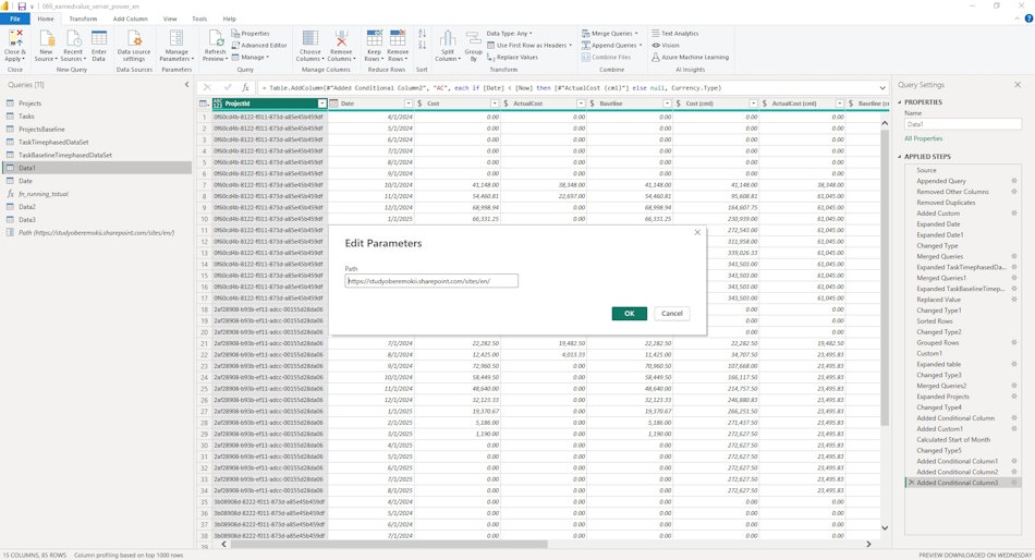 Customize dashboard “Indicators of mastered project portfolio volume” of the server in MS Power BI