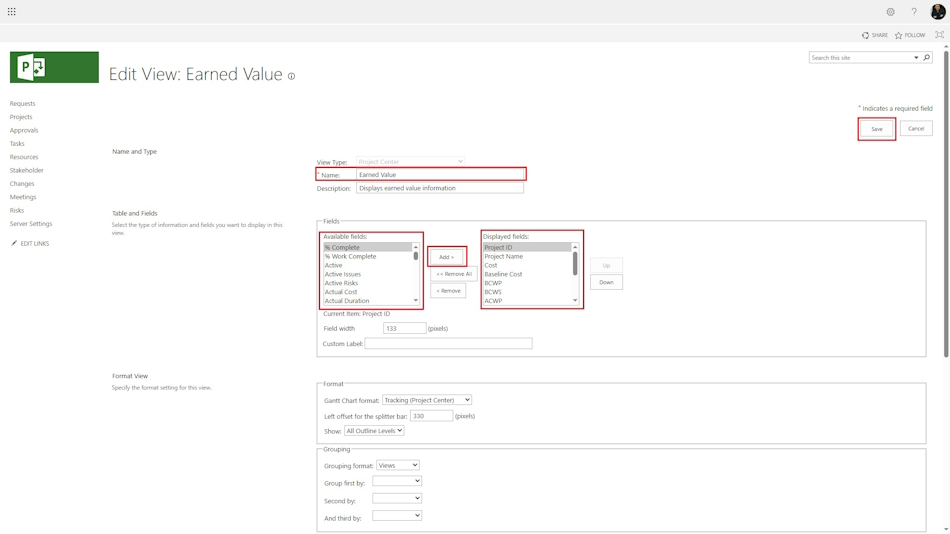 Setting up the Earned Value view in MS Project Server