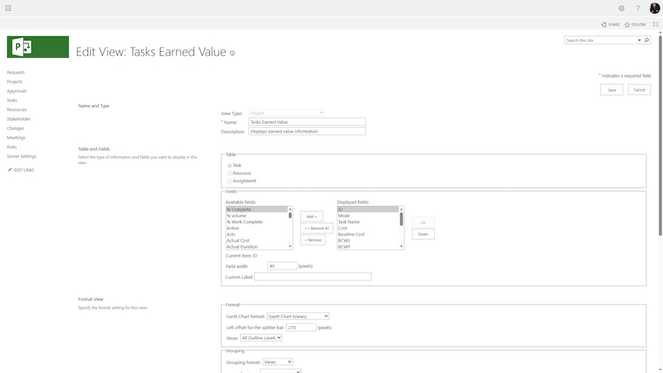 Setting up the Earned Value view in MS Project Server