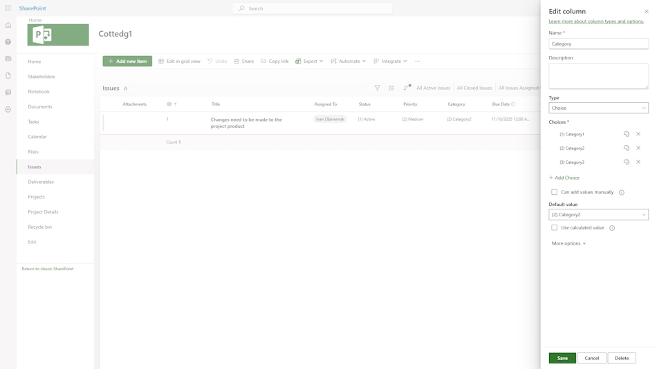 Add and edit fields describing problems in MS Project Server