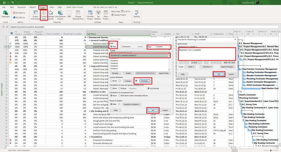 Compare the "Plan % complete" column with the "% complete" column