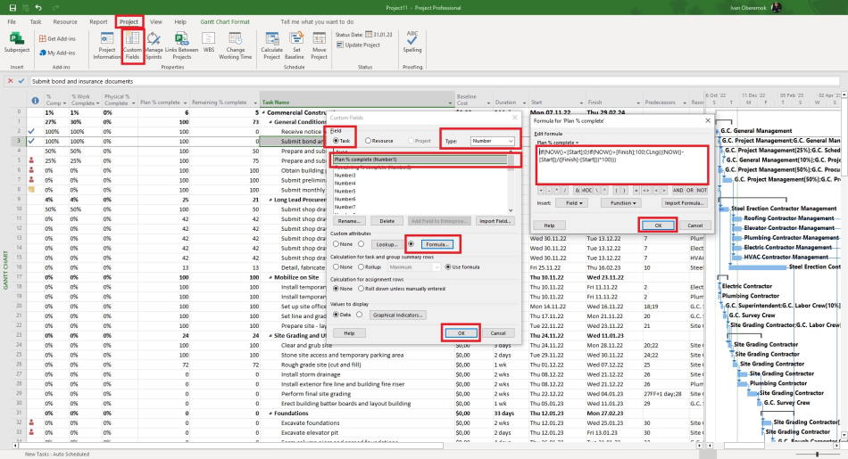 Creating the custom column "Plan % complete" in MS Project Pro