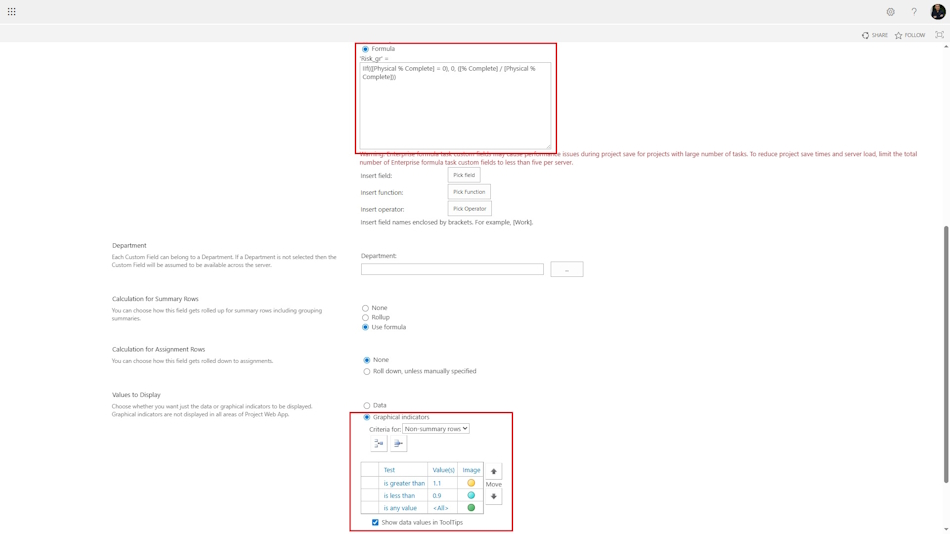 Configuring the “Percentage Complete Analysis” columns in MS Project Server