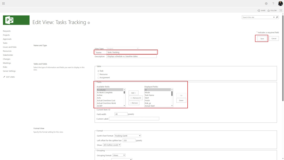 Configuring the Task Tracking view in MS Project Server